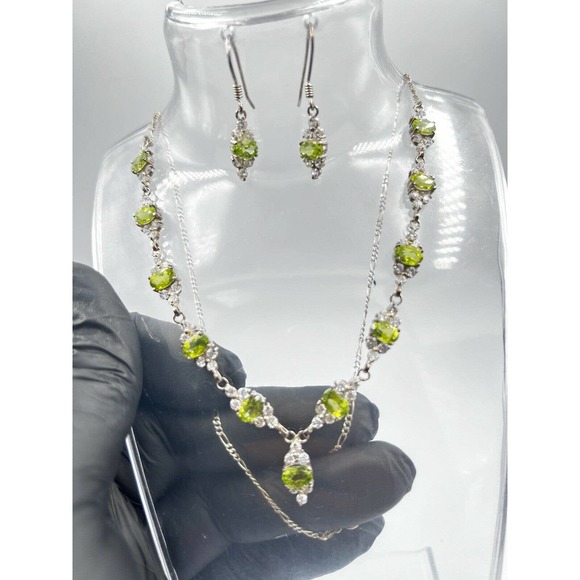 Natural Peridot Gemstone 925 sterling silver Handmade necklace Set Earning Ring - Picture 5 of 9